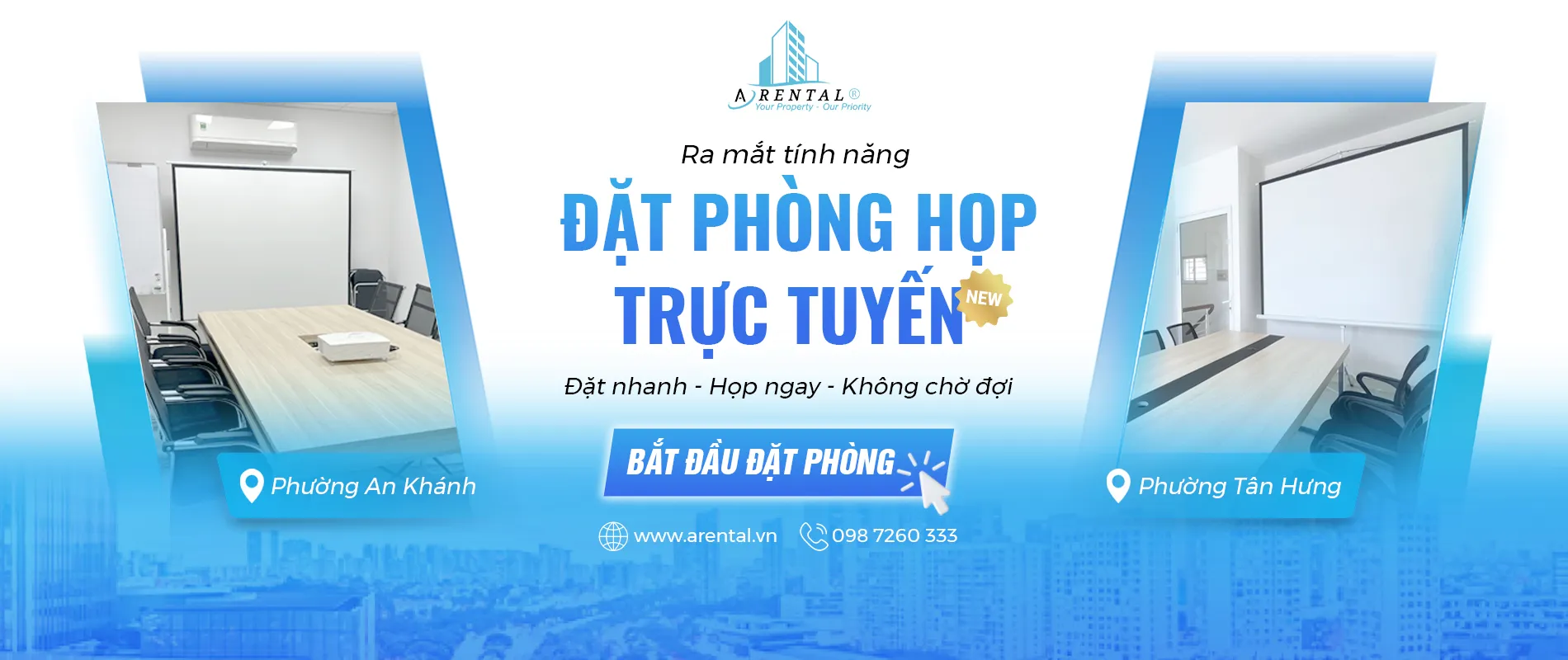 Banner giới thiệu dịch vụ đặt lịch phòng họp online tại Arental Vietnam.