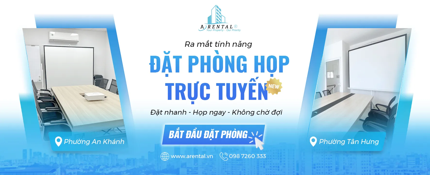Banner giới thiệu dịch vụ đặt lịch phòng họp online tại Arental Vietnam.