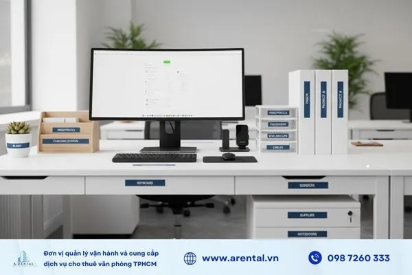 Sắp xếp bàn làm việc gọn gàng theo tiêu chuẩn 5S.