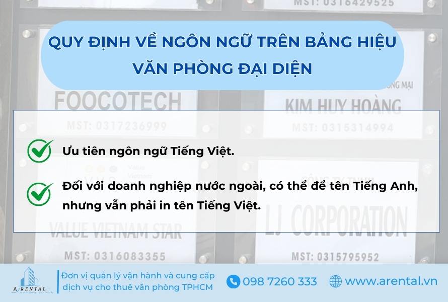 Quy định về ngôn ngữ trên bảng hiệu văn phòng đại diện.
