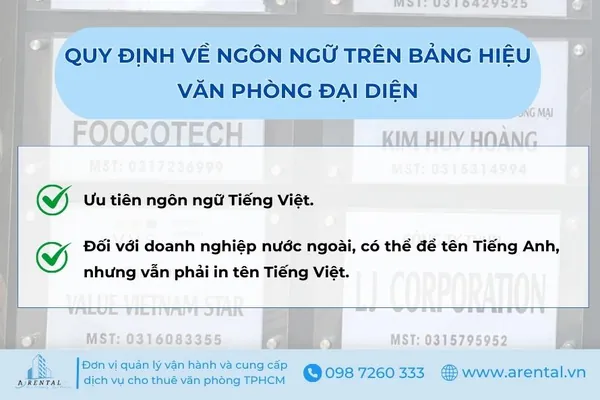 Quy định về ngôn ngữ trên bảng hiệu văn phòng đại diện.