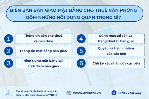 Các nội dung quan trọng cần có của biên bản bàn giao mặt bằng cho thuê văn phòng.