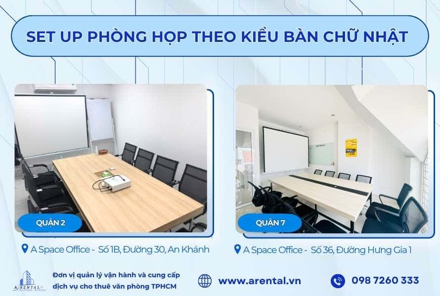 Bố trí phòng họp theo kiểu bàn chữ nhật tại Arental Vietnam.