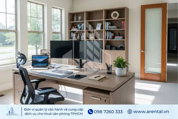 Bố trí bàn làm việc cân bằng yếu tố ngũ hành và theo hướng nhìn ra cửa để đón nguồn năng lượng tốt.