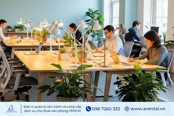 Bố trí bàn làm việc của nhân viên thành cụm và bố trí cây xanh ở đầu dãy bàn.