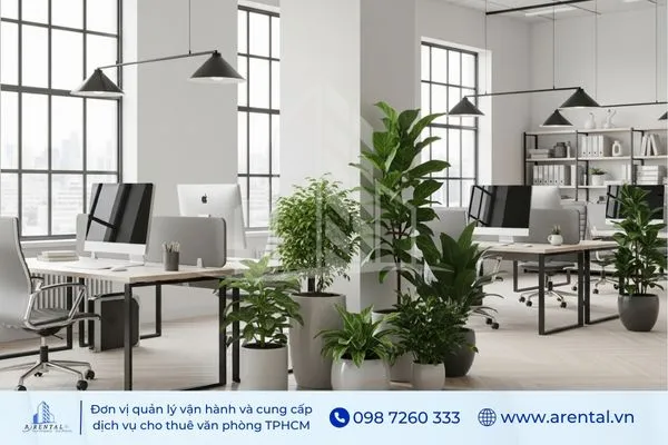 Cách bố trí bàn làm việc trong văn phòng hài hòa với nội thất, tránh để trống bốn phía.