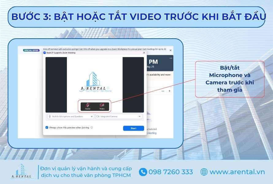 Bước 3. Bật hoặc tắt video trước khi bắt đầu cuộc họp.