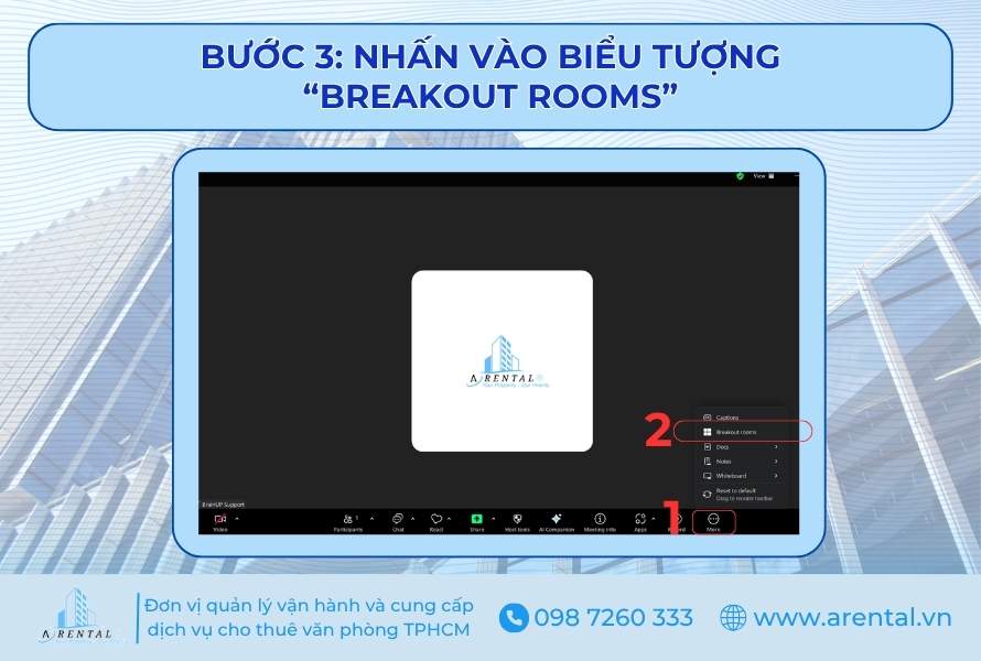 Vị trí nút Breakout Rooms trong giao diện cuộc họp.