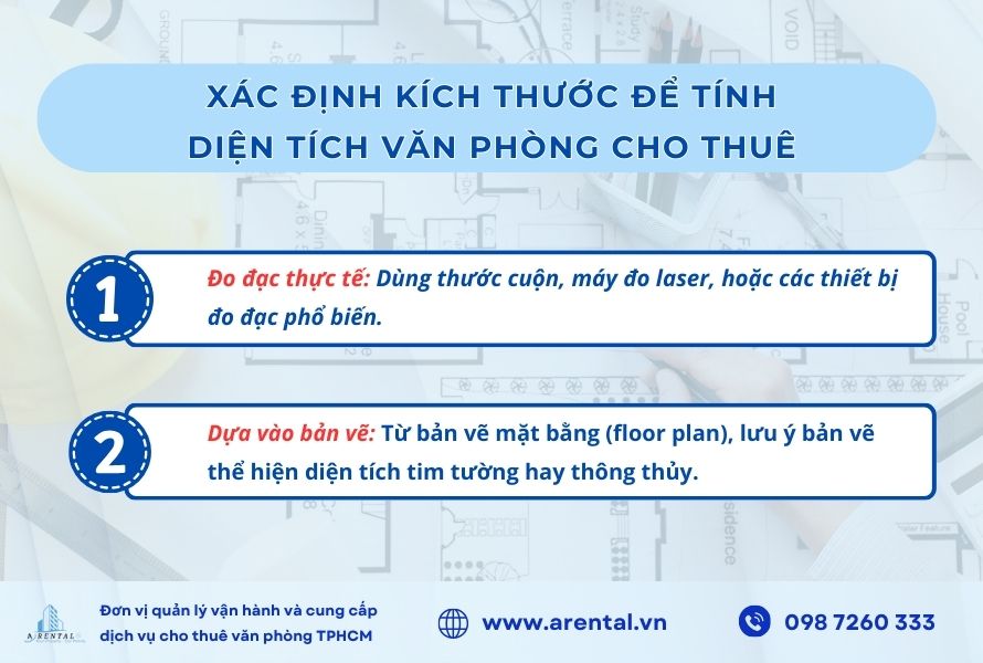 2 cách xác định kích thước để tính diện tích văn phòng cho thuê.