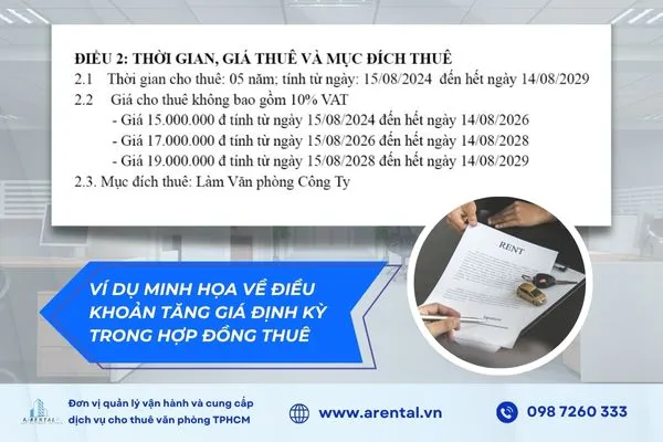 Ví dụ minh họa đề điều khoản tăng giá định kỳ trong hợp đồng thuê.