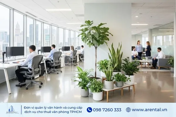 Bố trí cây cảnh văn phòng lớn như đa búp đỏ và bàng Singapore ở góc phòng, tạo mảng xanh tự nhiên và tăng cảm giác thư giãn.