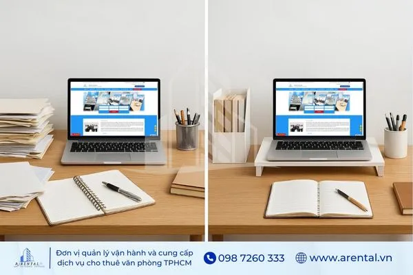 Cách trang trí phòng làm việc đẹp bằng văn phòng phẩm tiện dụng như kệ tài liệu và kệ nâng laptop, giữ bàn làm việc ngăn nắp.
