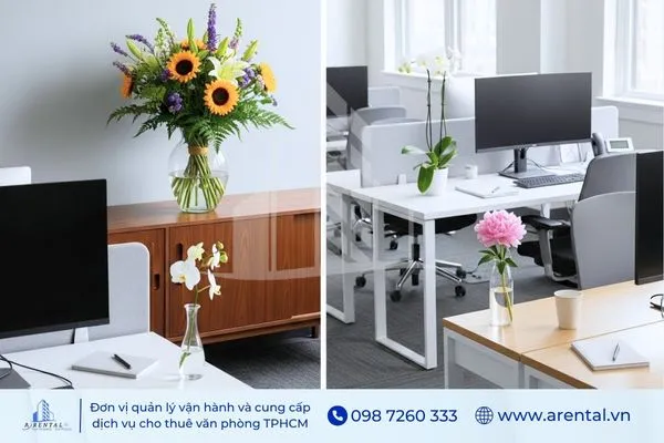 Cách trang trí phòng làm việc đẹp với hoa tươi nhiều màu.