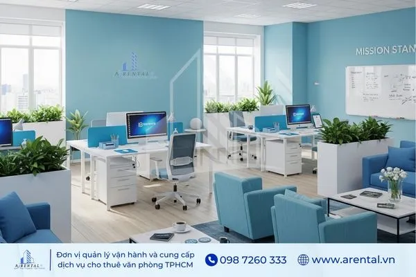 Cách trang trí phòng làm việc đẹp với tường sơn màu thương hiệu và slogan truyền cảm hứng cho nhân viên.