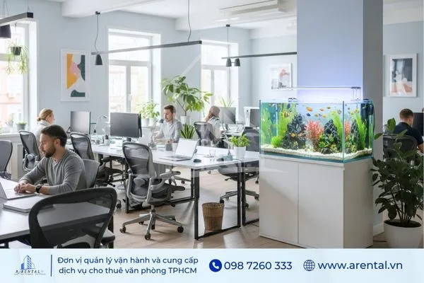 Cách trang trí phòng làm việc với bể cá cảnh và cây xanh, phù hợp mô hình văn phòng xanh hiện đại.
