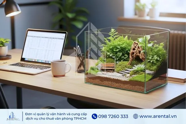 Cách trang trí phòng làm việc với tiểu cảnh Terrarium mini, mang thiên nhiên vào không gian làm việc hiện đại.