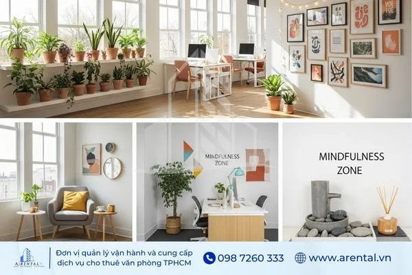 Decor sáng tạo tại các góc nhỏ văn phòng mở với cây xanh, tranh treo tường và khu mindfulness thư giãn.
