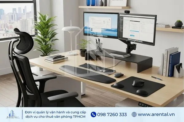 Trang trí phòng làm việc với bàn rộng, ghế công thái học và phụ kiện hỗ trợ tư thế, mang lại sự chuyên nghiệp và tiện lợi.