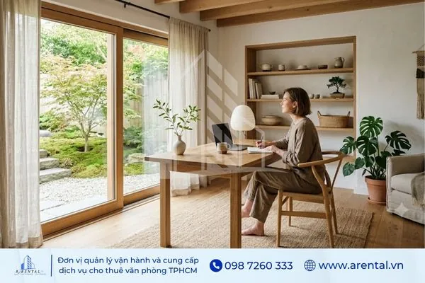 Phòng làm việc phong cách Japandi ưu tiên chất liệu tự nhiên, ánh sáng, bố cục hài hòa.