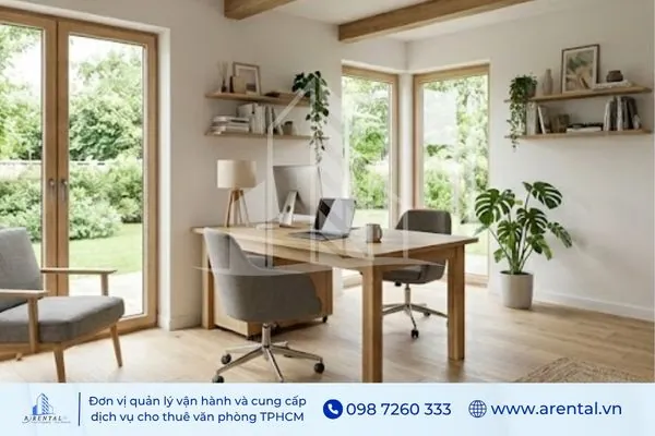 Phòng làm việc Scandinavian nổi bật với ánh sáng tự nhiên và nội thất gỗ sáng màu.