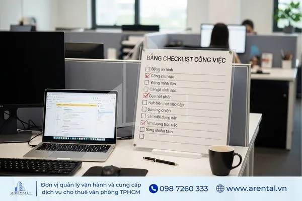 Trang trí phòng làm việc đẹp bằng bảng checklist đặt cạnh laptop, hỗ trợ quản lý công việc hiệu quả.