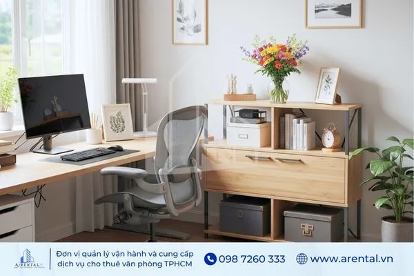 Trang trí phòng làm việc đẹp bằng bình hoa tươi trên kệ gỗ, tạo không gian tươi sáng và gần gũi.