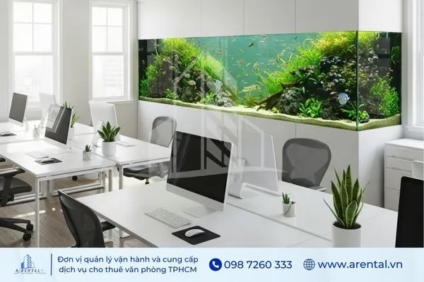 Trang trí phòng làm việc đẹp với bể cá cảnh lớn, kết hợp cây xanh mang lại cảm giác thư giãn cho nhân viên.
