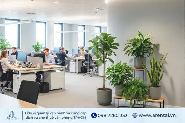 Trang trí phòng làm việc đẹp với cây cảnh cao đặt dọc lối đi, mang lại không gian tươi mới và sang trọng cho văn phòng.