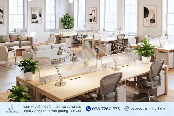 Trang trí phòng làm việc đẹp với dãy bàn dài và đèn để bàn LED ánh sáng trung tính, mang lại sự thoải mái và hiện đại.