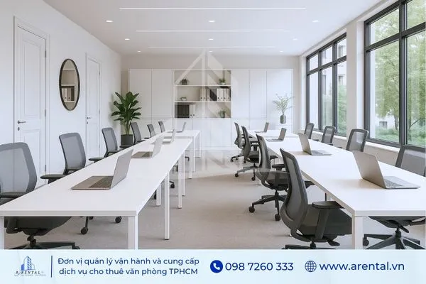 Phòng làm việc sử dụng kệ tủ cùng tông màu để trang trí văn phòng và tối ưu không gian.