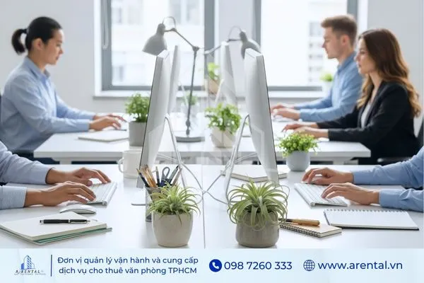 Văn phòng hiện đại với nhiều chậu cây nhỏ đặt giữa bàn làm việc, tạo không gian xanh mát và trong lành.