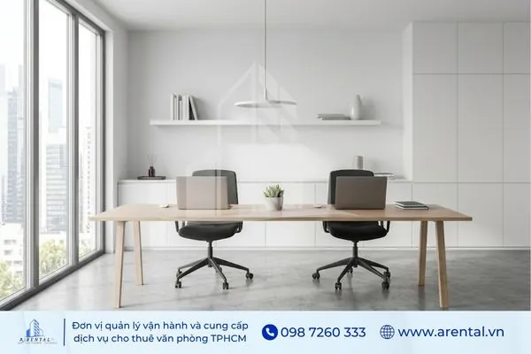 Văn phòng Minimalist với thiết kế tinh gọn, tone màu trung tính.