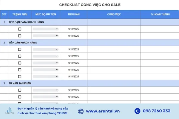 Checklist sales hỗ trợ theo dõi tiến trình từ tìm kiếm khách hàng đến chăm sóc sau bán.