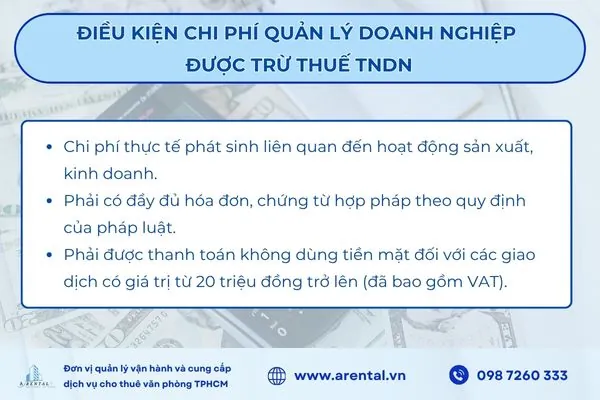 Điều kiện chi phí quản lý doanh nghiệp được trừ thuế TNDN.