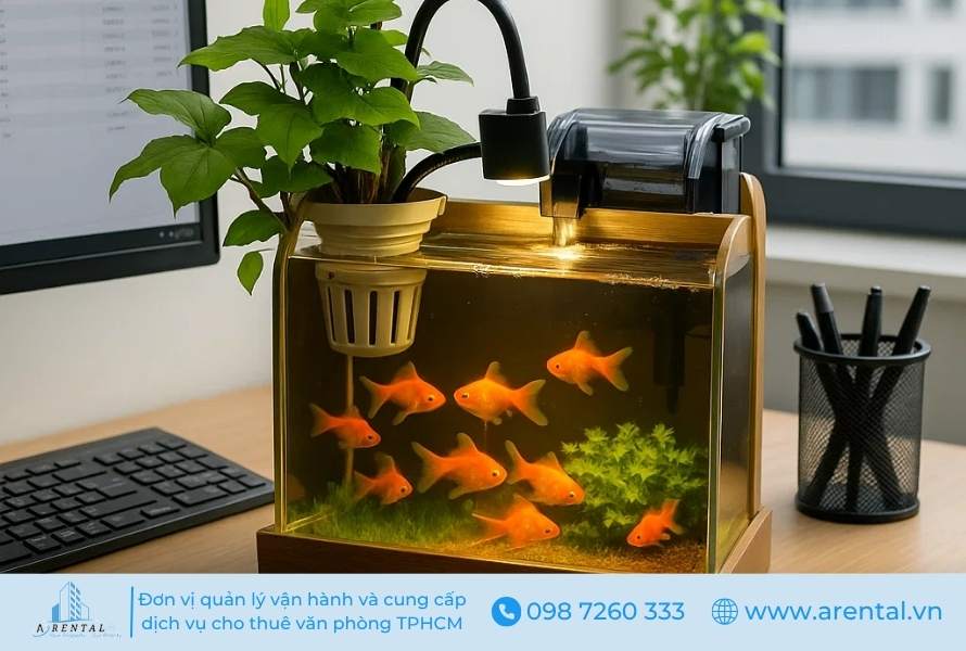 Bố trí bể cá tăng tính phong thủy cho bàn làm việc.