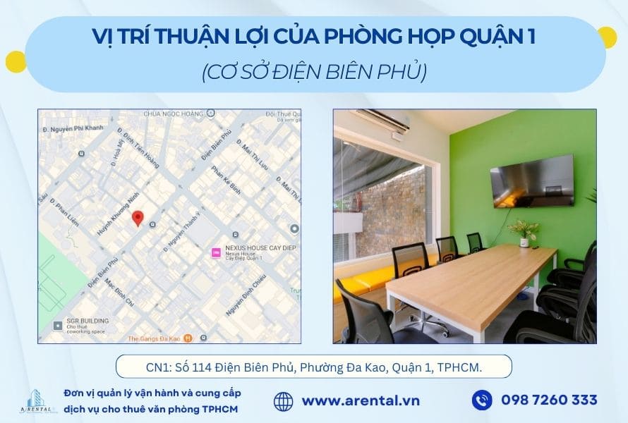 Vị trí của phòng họp cho thuê theo giờ tại Quận 1 - chi nhánh 114 Điện Biên Phủ.