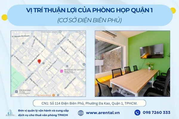 Vị trí của phòng họp cho thuê theo giờ tại Quận 1 - chi nhánh 114 Điện Biên Phủ.