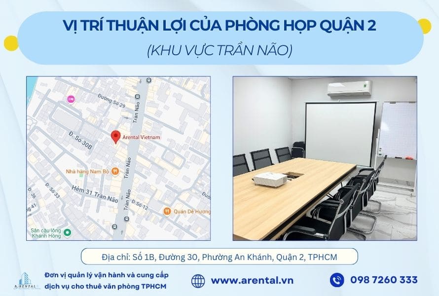 Vị trí phòng họp cho thuê Quận 2 dễ dàng tìm kiếm và nhận diện.