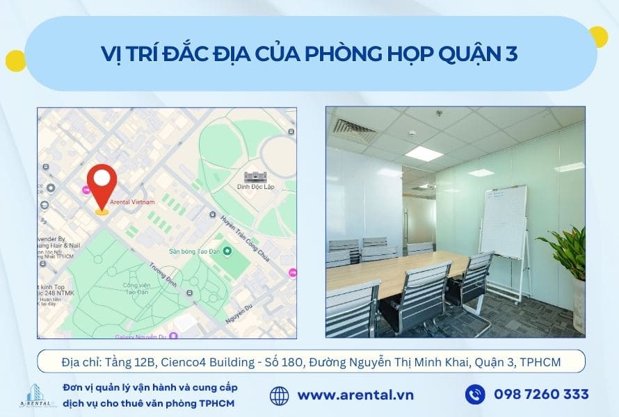 Phòng họp Quận 3 nằm tại địa chỉ giao thông thuận lợi.