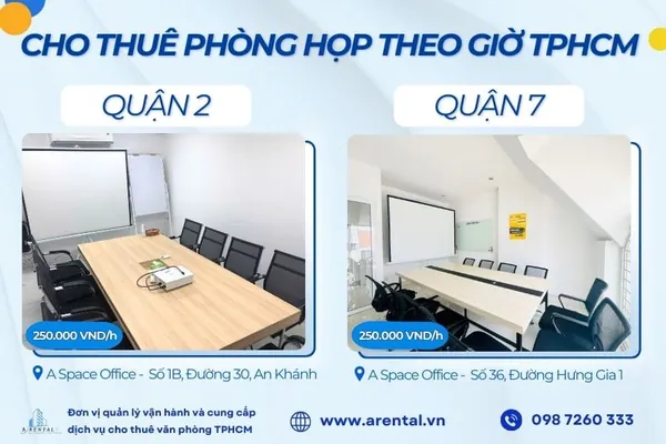 Không gian cho thuê phòng họp theo giờ tại Quận 2 và Quận 7 được bố trí đầy đủ thiết bị hỗ trợ quý khách hàng. Không gian phòng họp TPHCM khu vực Quận 2 và Quận 7 của Arental Vietnam.