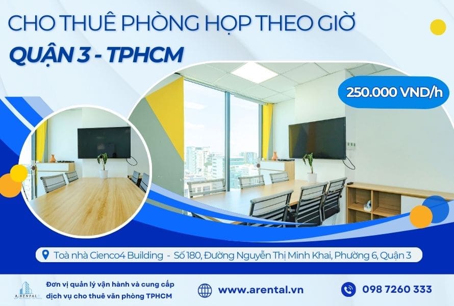 Phòng họp cho thuê theo giờ TPHCM - Quận 3 tại Arental Vietnam có mức giá 250.000 VND/h.
