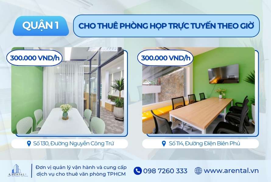 Phòng họp trực tuyến theo giờ tại Quận 1 của Arental Vietnam.
