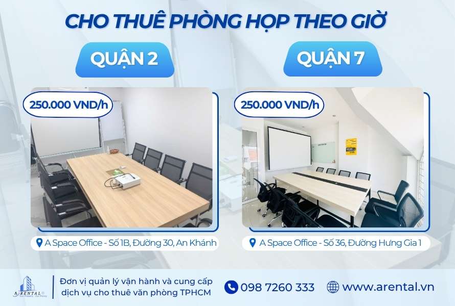 Phòng họp trực tuyến theo giờ tại Quận 2 và Quận 7 của Arental Vietnam.
