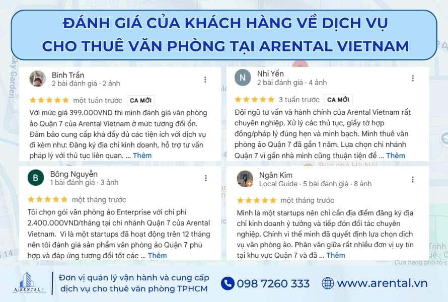 Các đánh giác từ khách hàng cũ tại Arental Vietnam trên Google Maps.