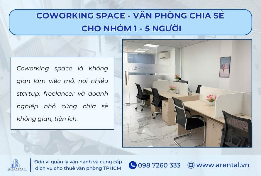 Không gian coworking space, văn phòng chia sẻ.