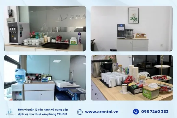 Dịch vụ cho thuê văn phòng trọn gói trang bị đầy đủ các tiện ích và trang thiết bị văn phòng chuyên nghiệp. Quầy pantry tại các văn phòng trọn gói do Arental Vietnam cung cấp.