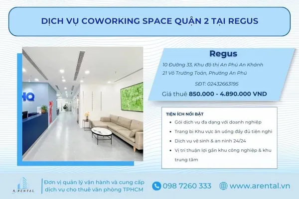 Dịch vụ Coworking Space HCM Quận 2 tại Regus đầy đủ tiện ích.