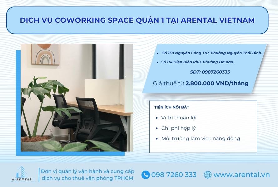 Dịch vụ coworking space Quận 1 tại Arental Vietnam đầy đủ tiện nghi.