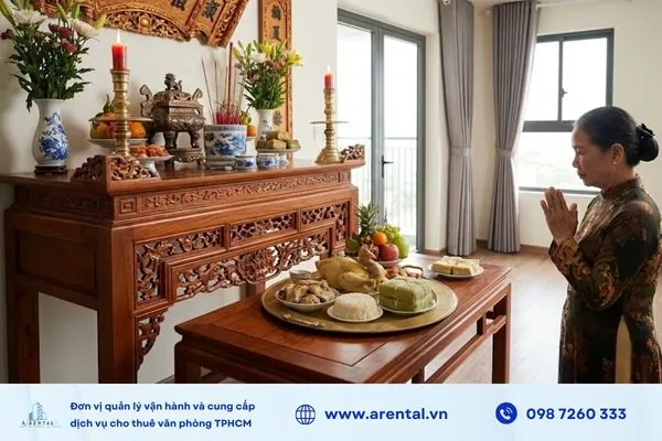 Mâm cúng nên đặt tại bàn thờ gia tiên hoặc bàn riêng phía trước bàn thờ, đảm bảo không gian trang nghiêm và thông thoáng.