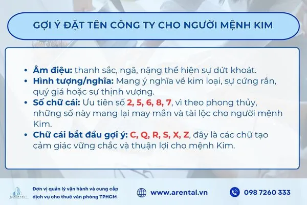 Gợi ý đặt tên công ty cho người mệnh Kim.